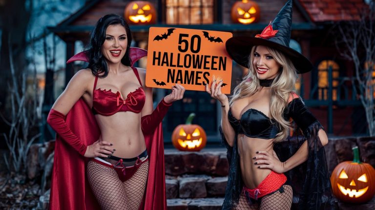 2 girls in Halloween costumes holding a sign that says 50 Halloween names