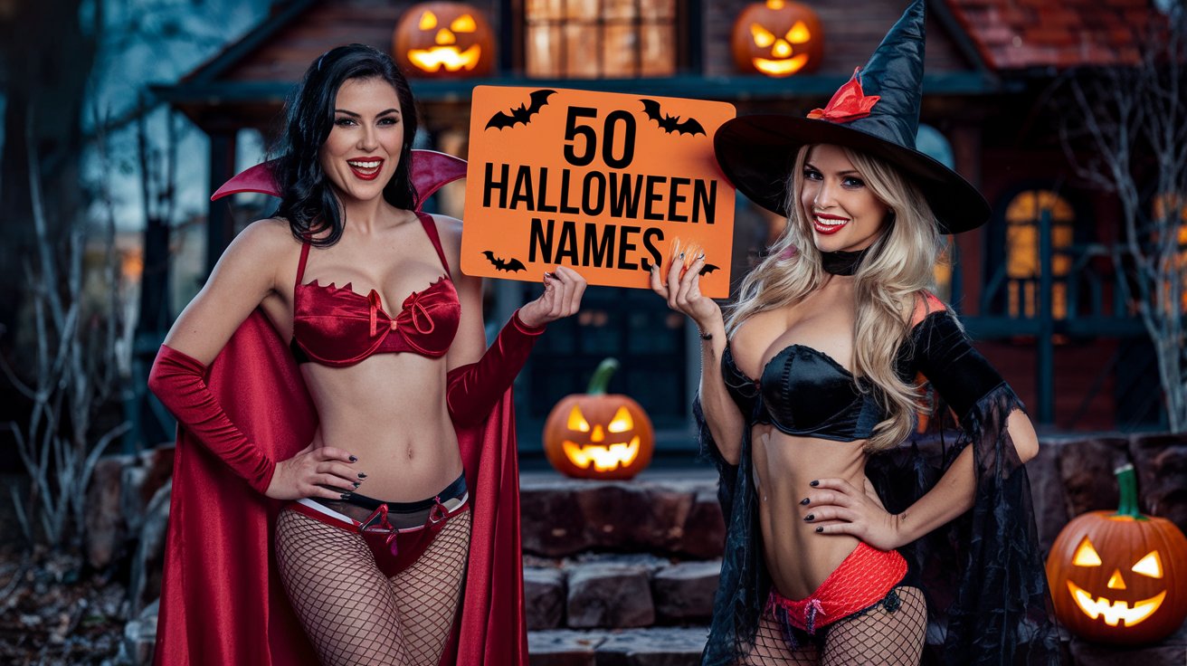 2 girls in Halloween costumes holding a sign that says 50 Halloween names