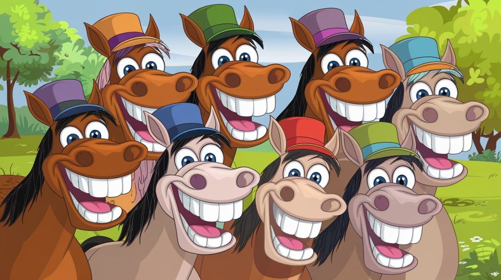 A group of horses laughing