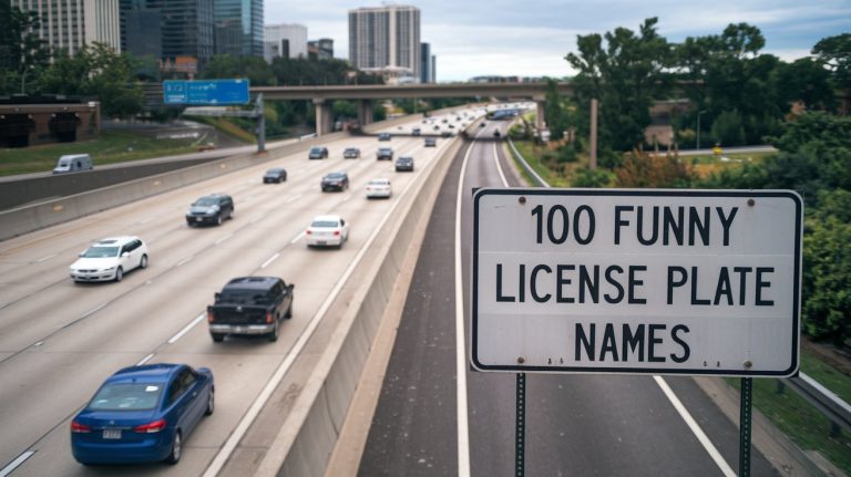 cars on the freeway with a sign that says 100 funny license plate names